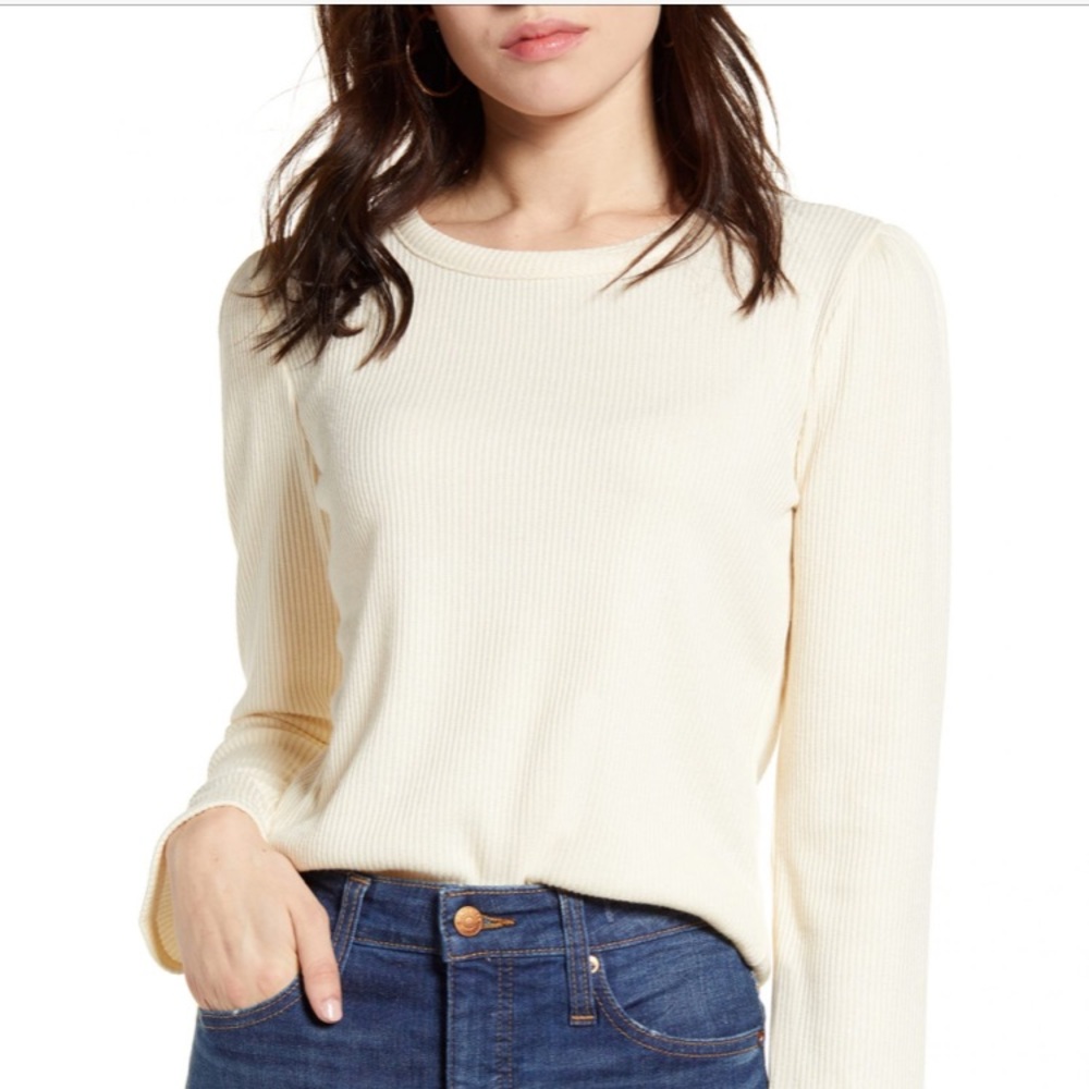 Madewell Rib Gathered Sleeve Top in Antique Cream